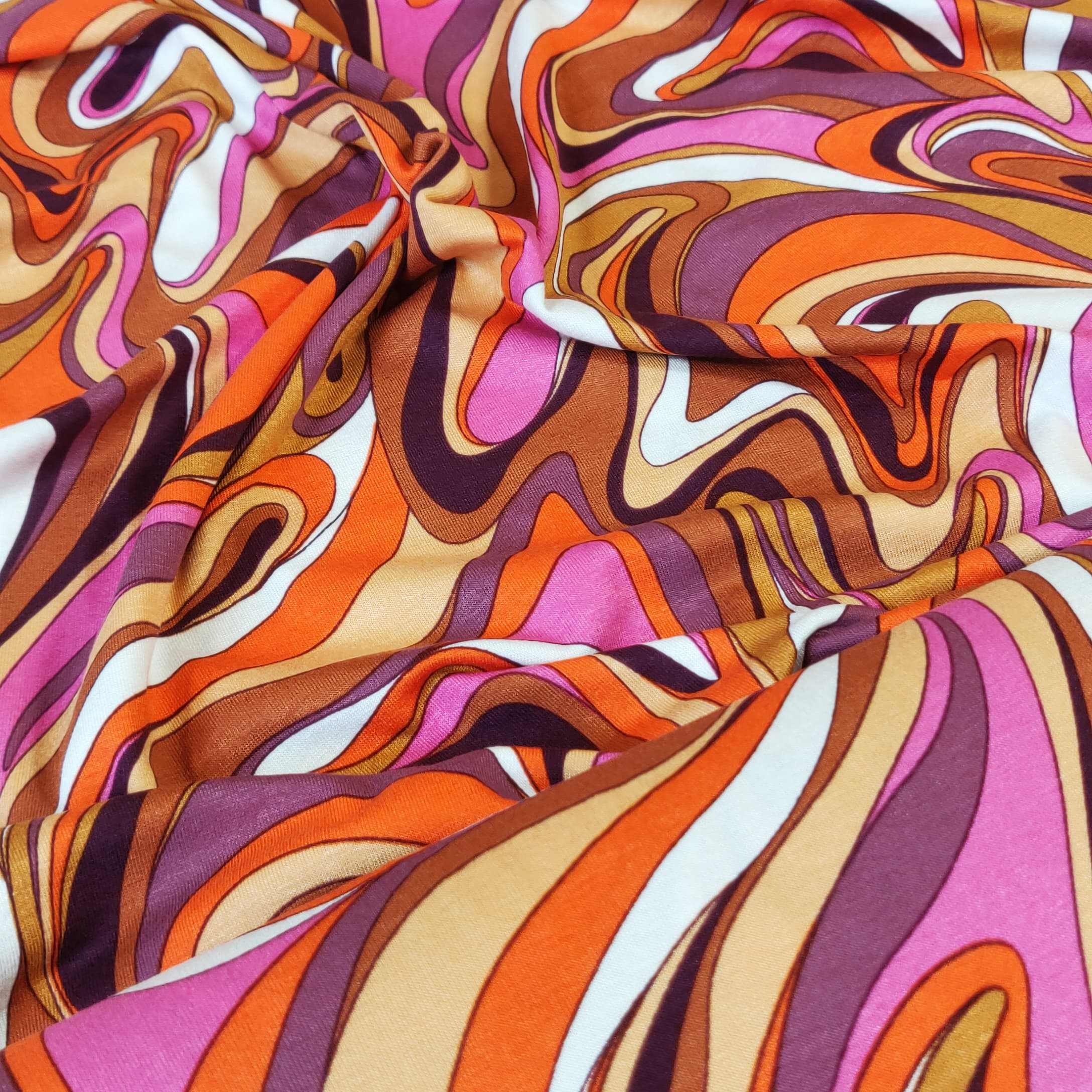 tissu jersey viscose seventies imprimé orange rose avril fabrics vendu au mètre