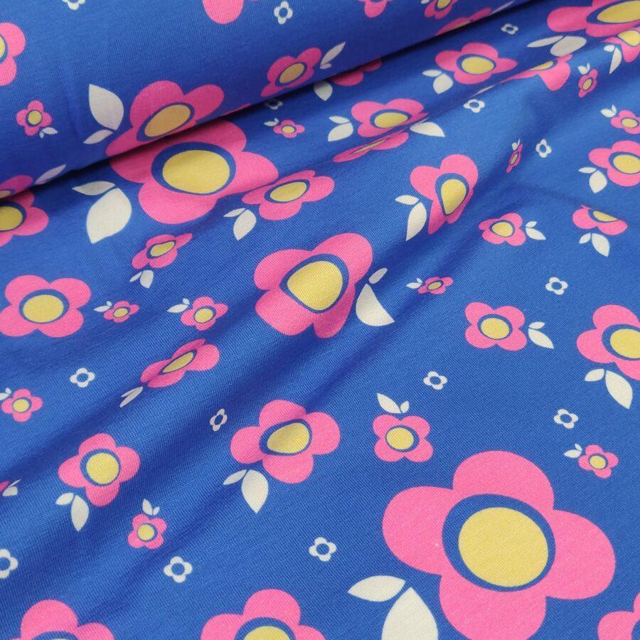 tissu Jersey coton rétro fleurs vintage bleu klein LYNETTE avril fabrics vendu au mètre