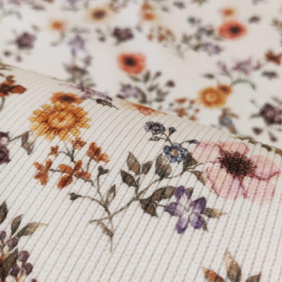 tissu jersey coton côtelé ivoire avec fleurs vintage Elena Avril fabrics vendu au mètre