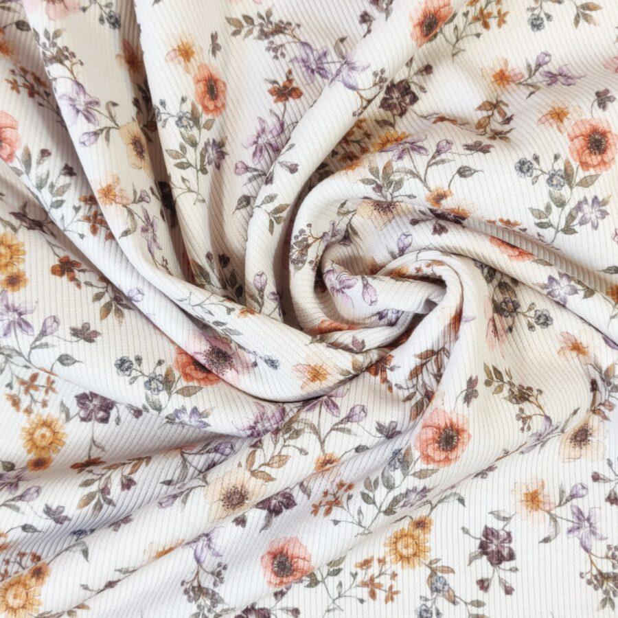 tissu jersey coton côtelé ivoire avec fleurs vintage Elena Avril fabrics vendu au mètre