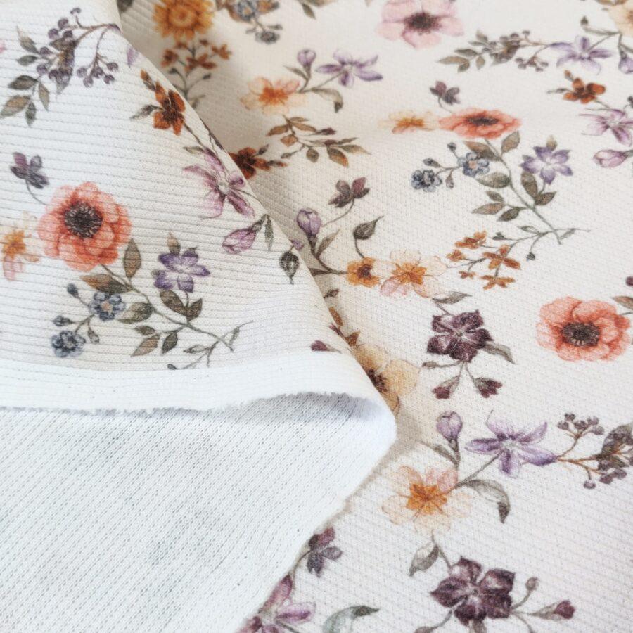 tissu jersey coton côtelé ivoire avec fleurs vintage Elena Avril fabrics vendu au mètre