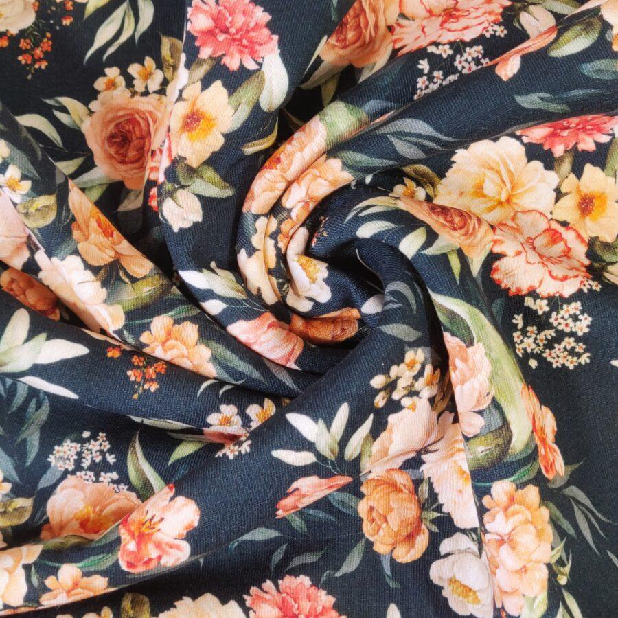 tissu jersey sweat molleton fleurs marine rosa vendu au metre