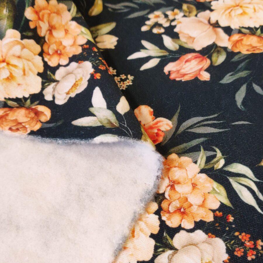tissu jersey sweat molleton fleurs marine rosa vendu au metre