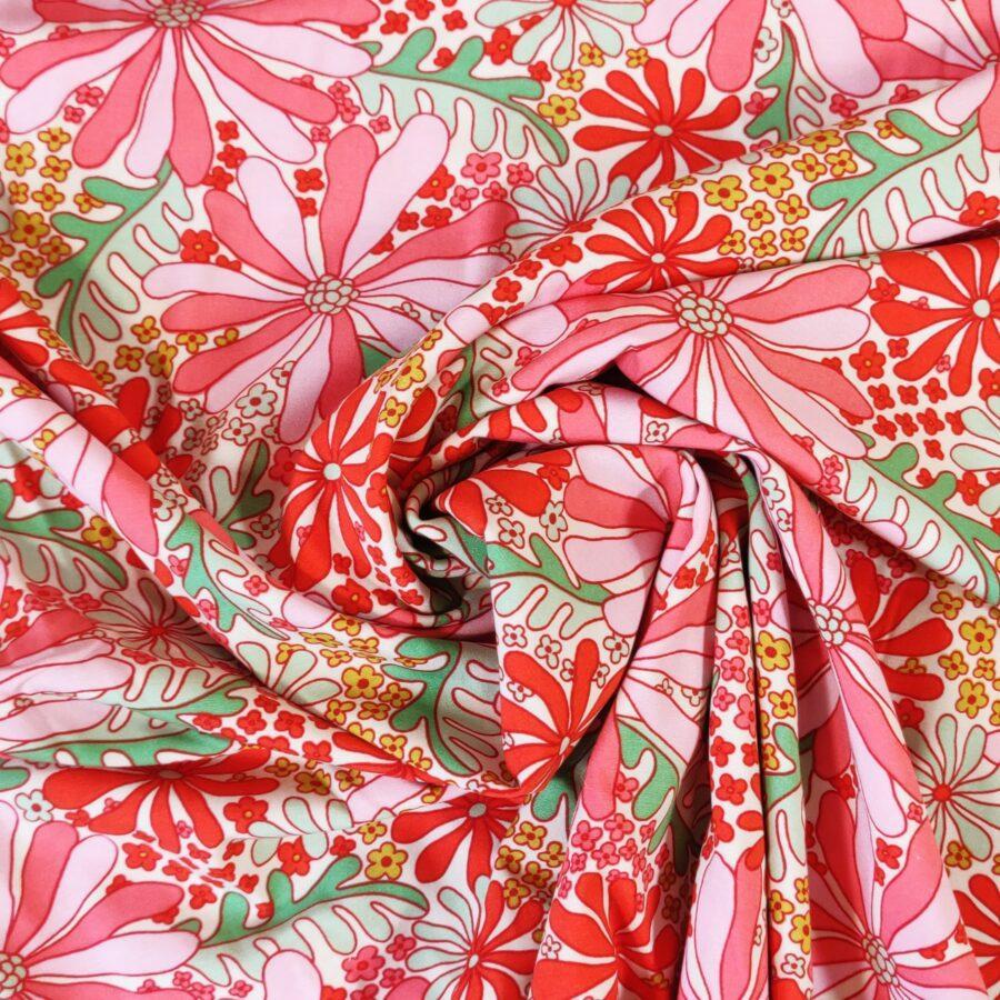 tissu popeline viscose stretch lilie fleurs rouge avril fabrics vendu au mètre