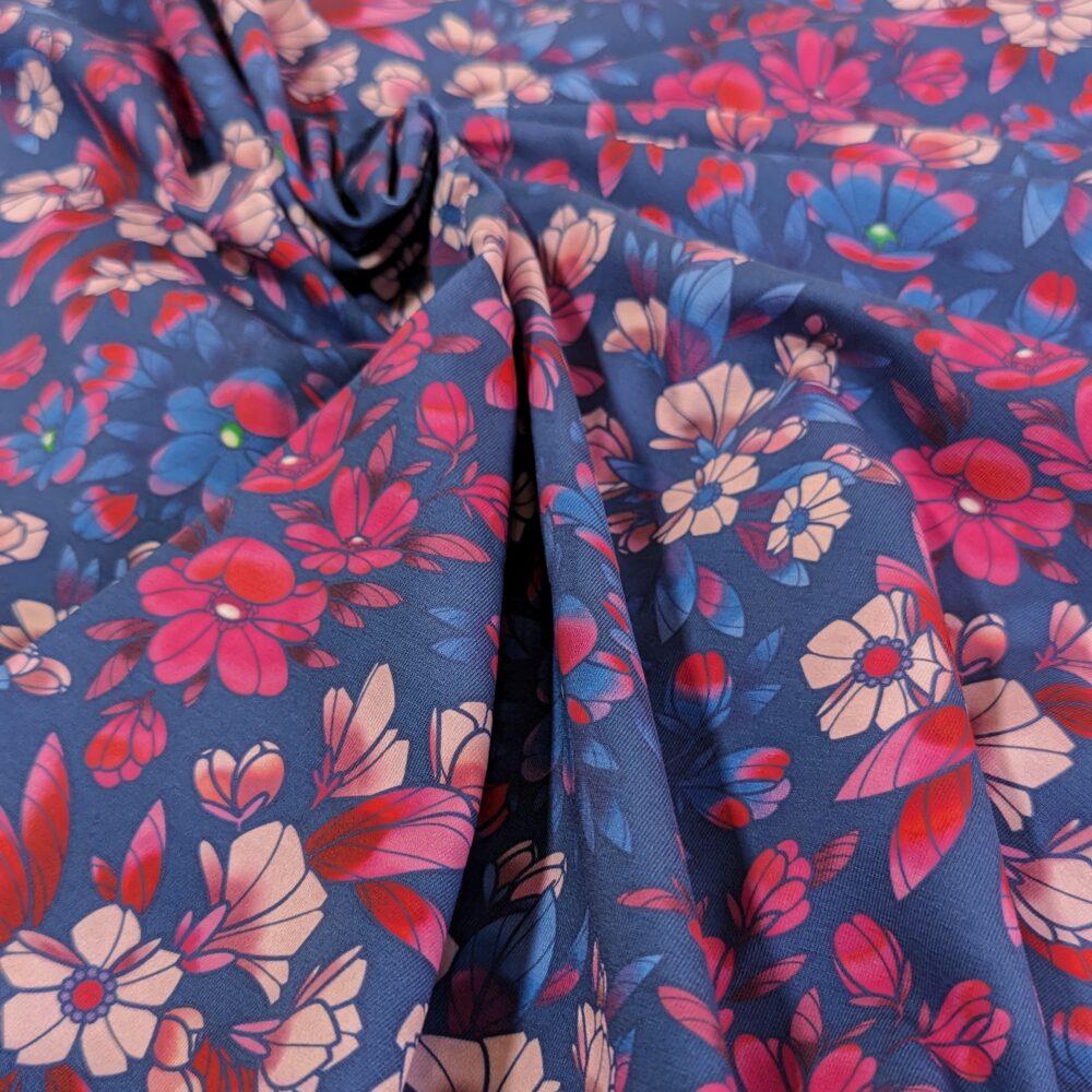 Jersey coton bleu fleurs