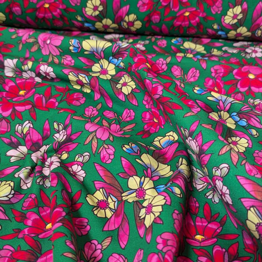 tissu sweat vert rose fleurs