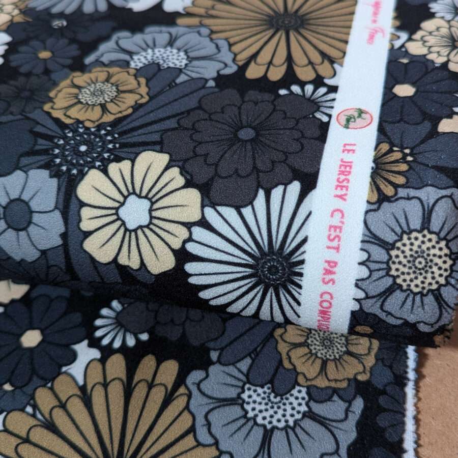 jersey tissu noir et gris fleur