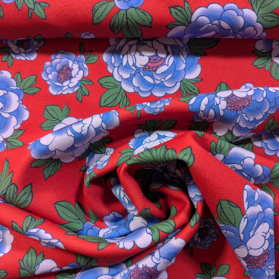 tissu pivoine bleu fond rouge