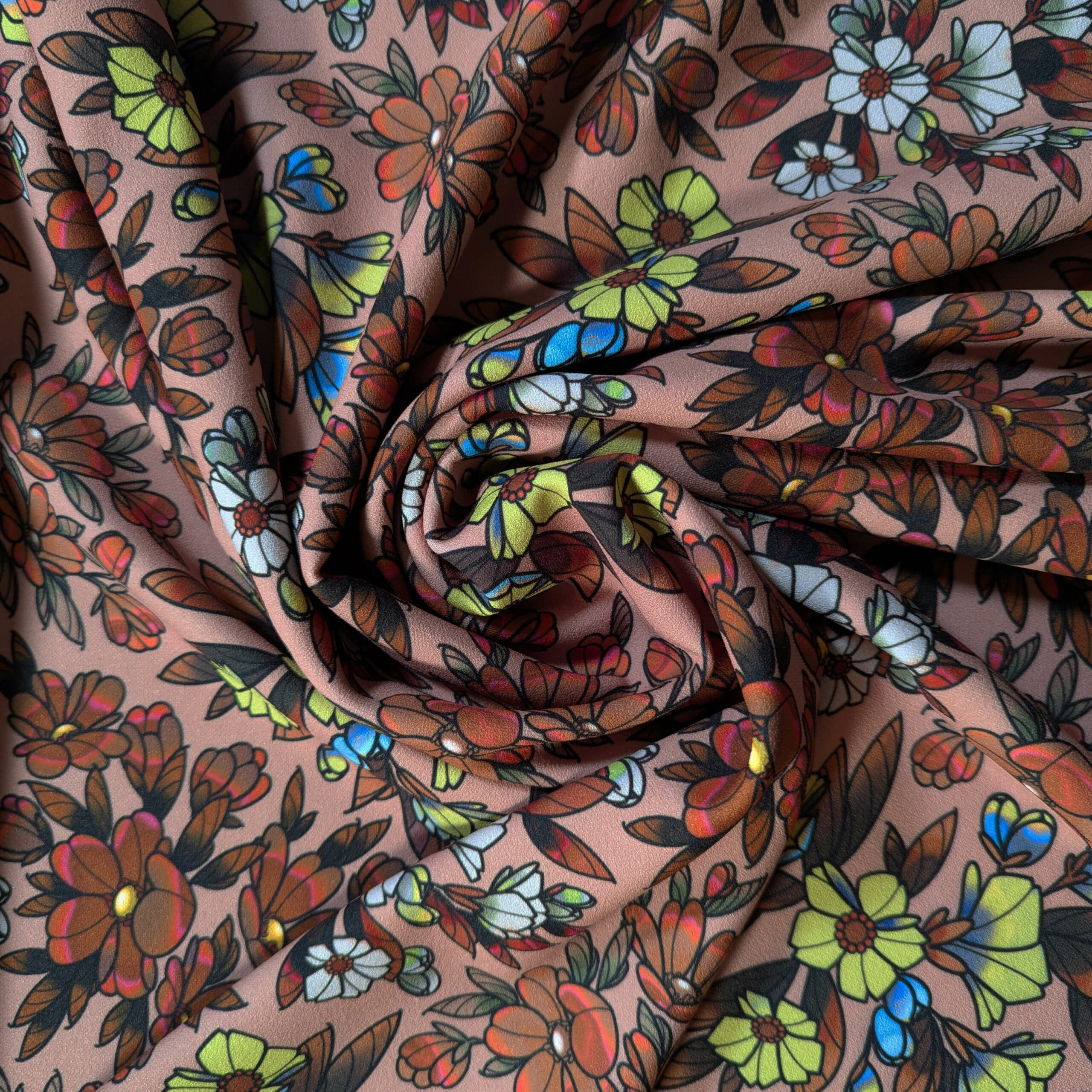 scuba crepe marron fleurs tissu