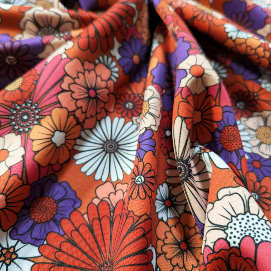 tissu fleuri orange fleurs rétro