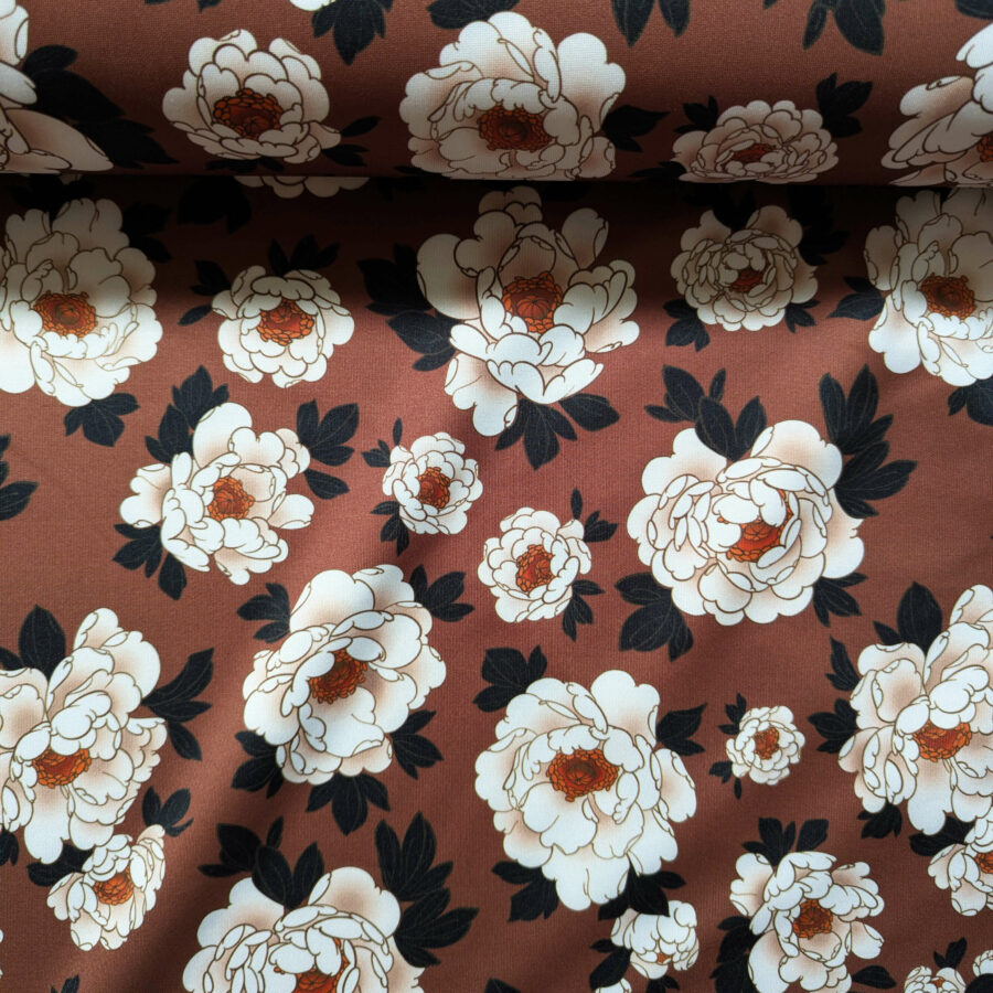 tissu scuba fleurs pivoines fond marron