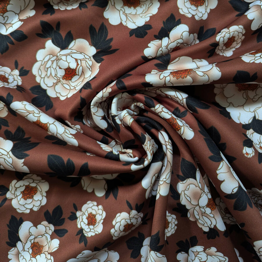 tissu scuba fleurs pivoines fond marron