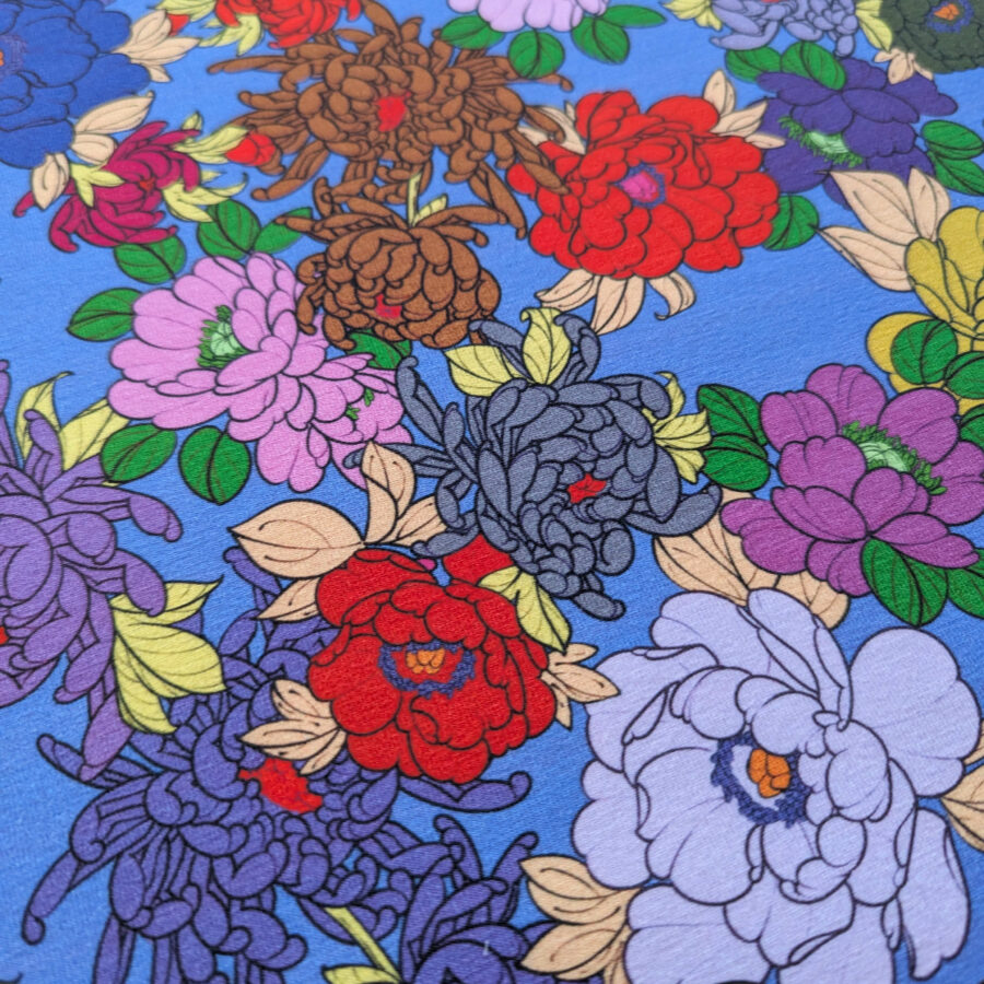 tissu fleur jersey bleu