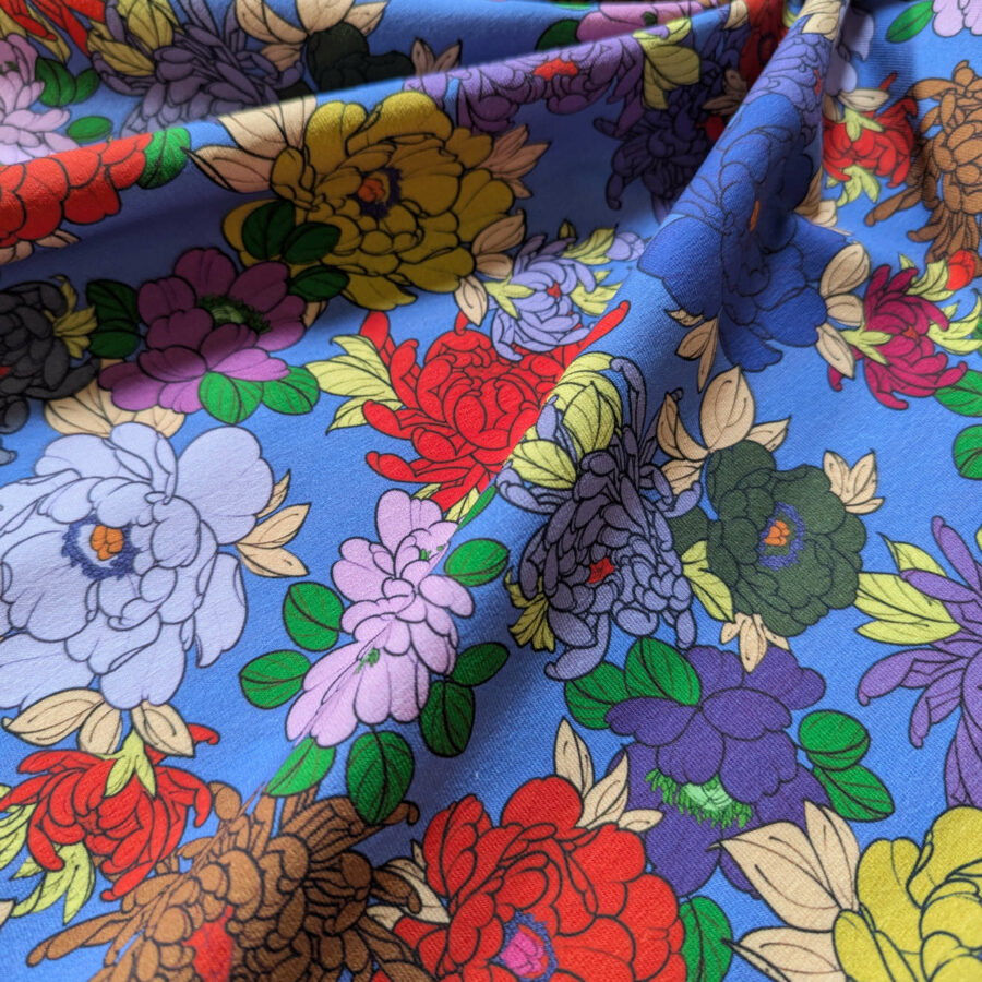 tissu fleur jersey bleu