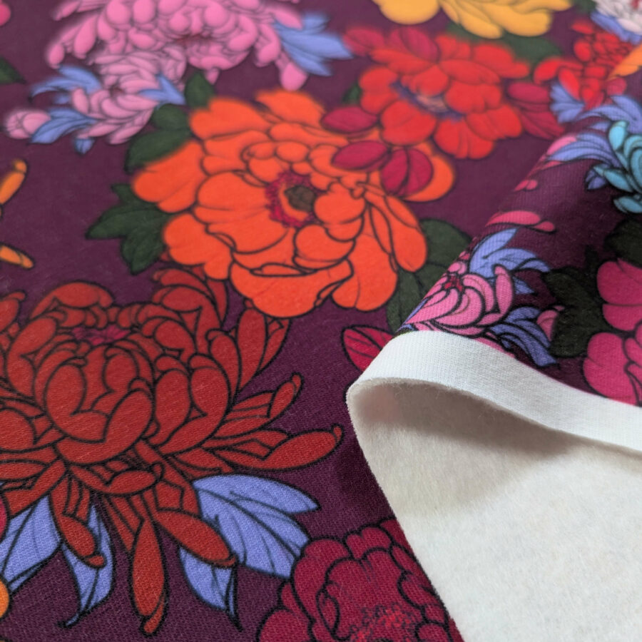 tissu sweat fleurs bordeaux