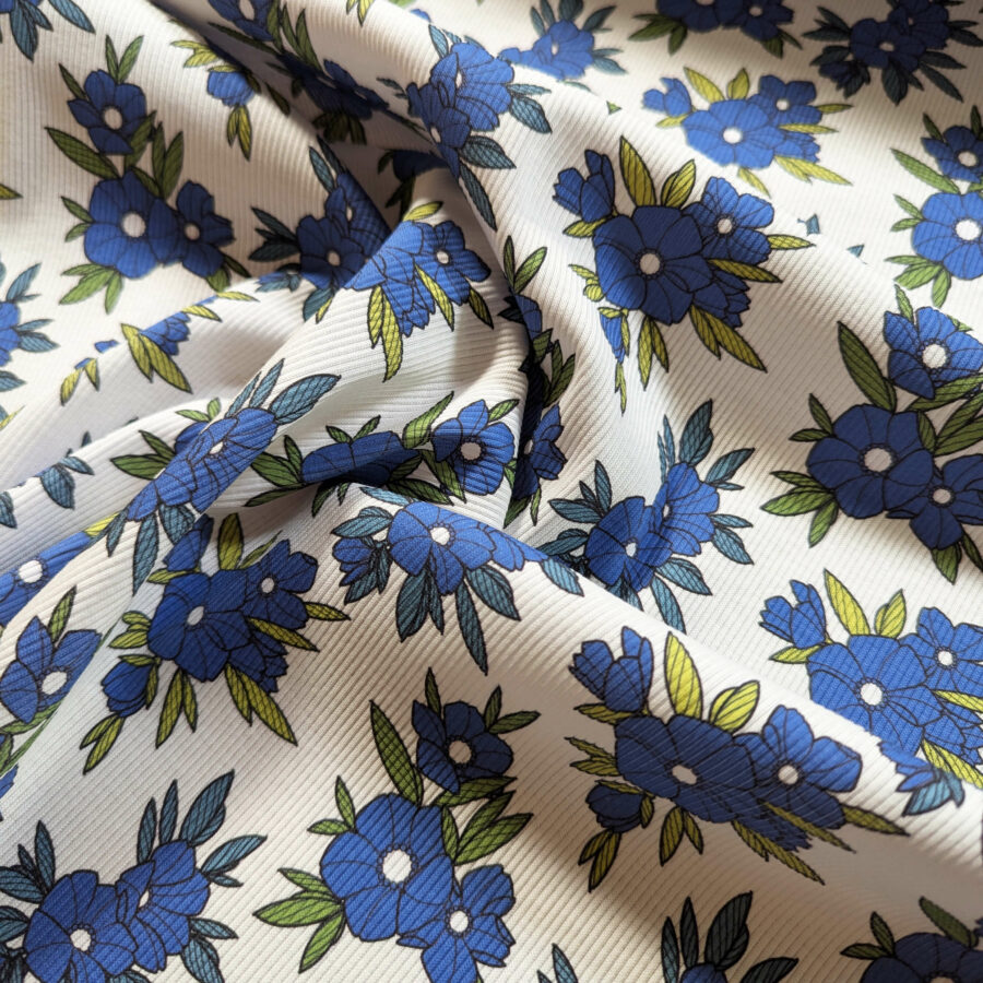 tissu côtelé fleurs bleu