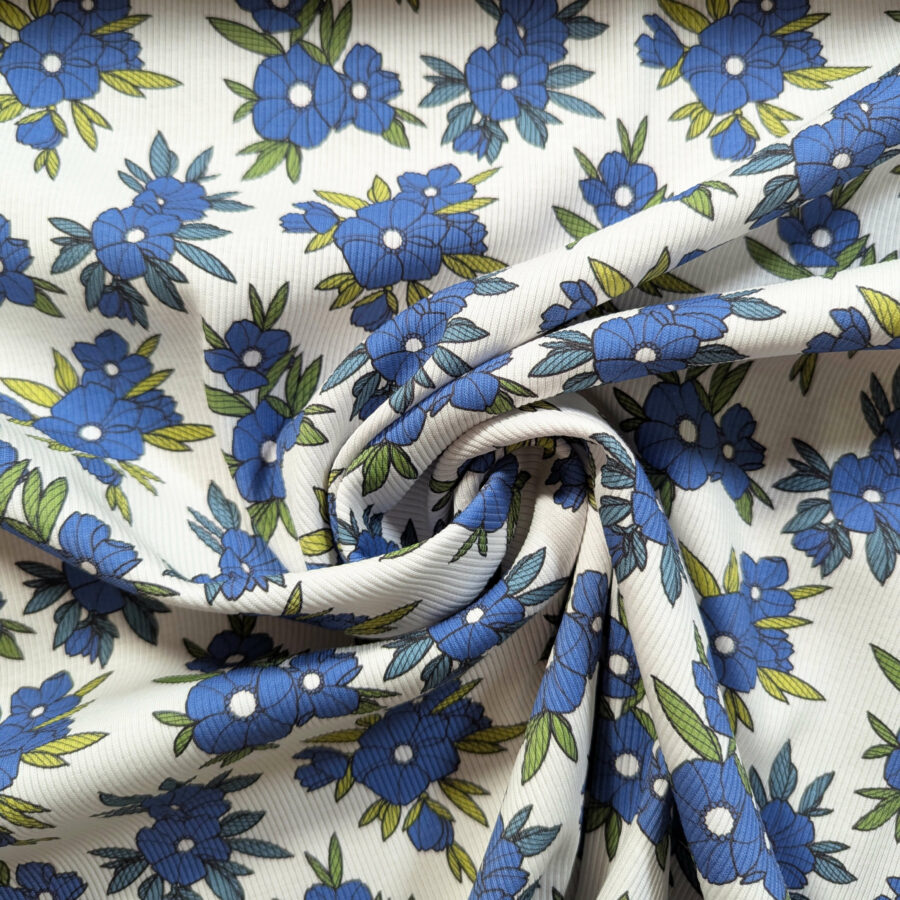 tissu côtelé fleurs bleu
