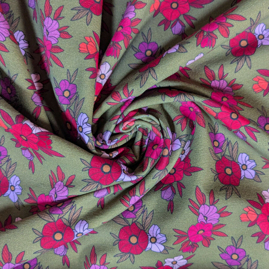 tissu vert fleur rose