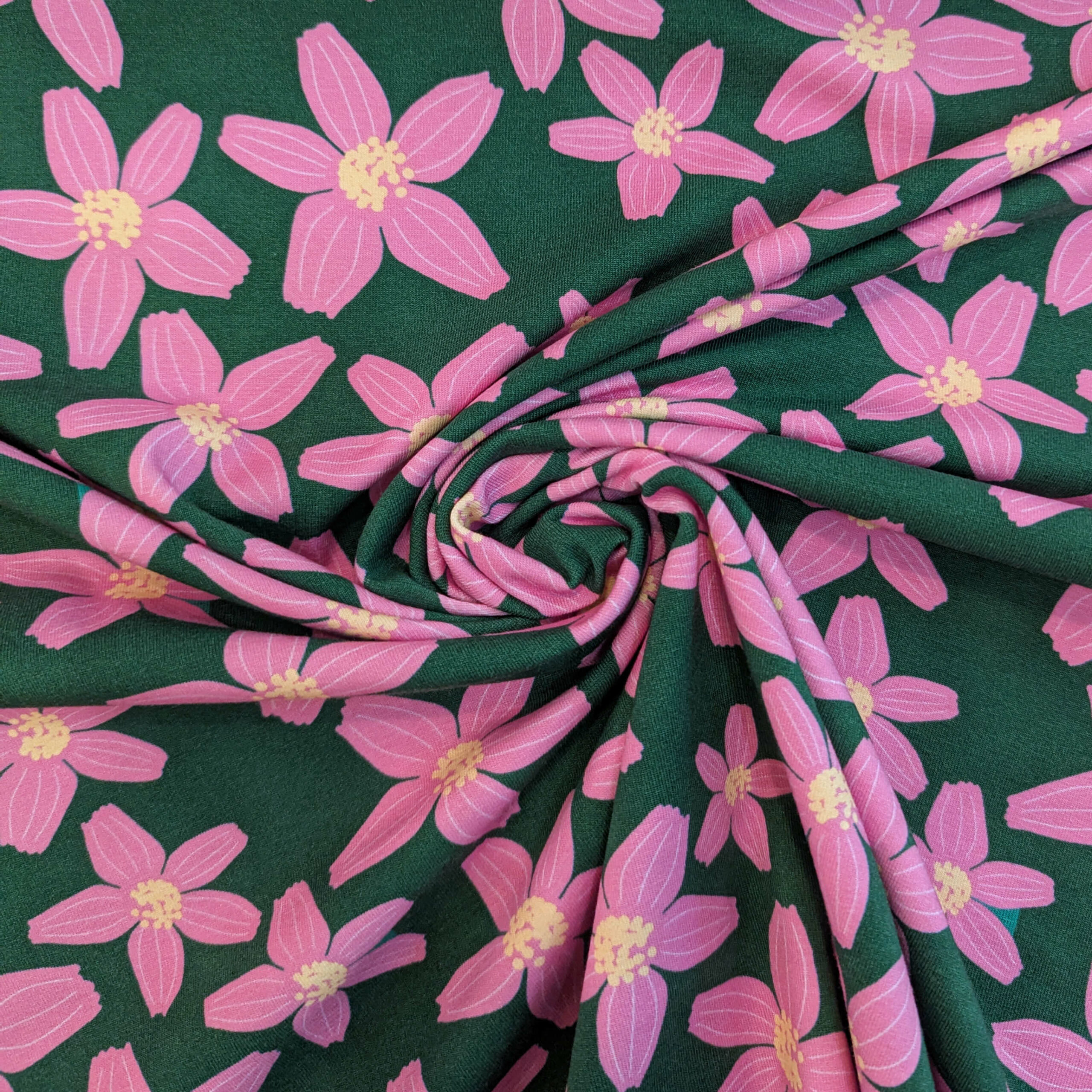 Tissu coton vert rose