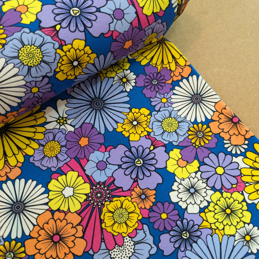 Tissu coton bleu fleurs