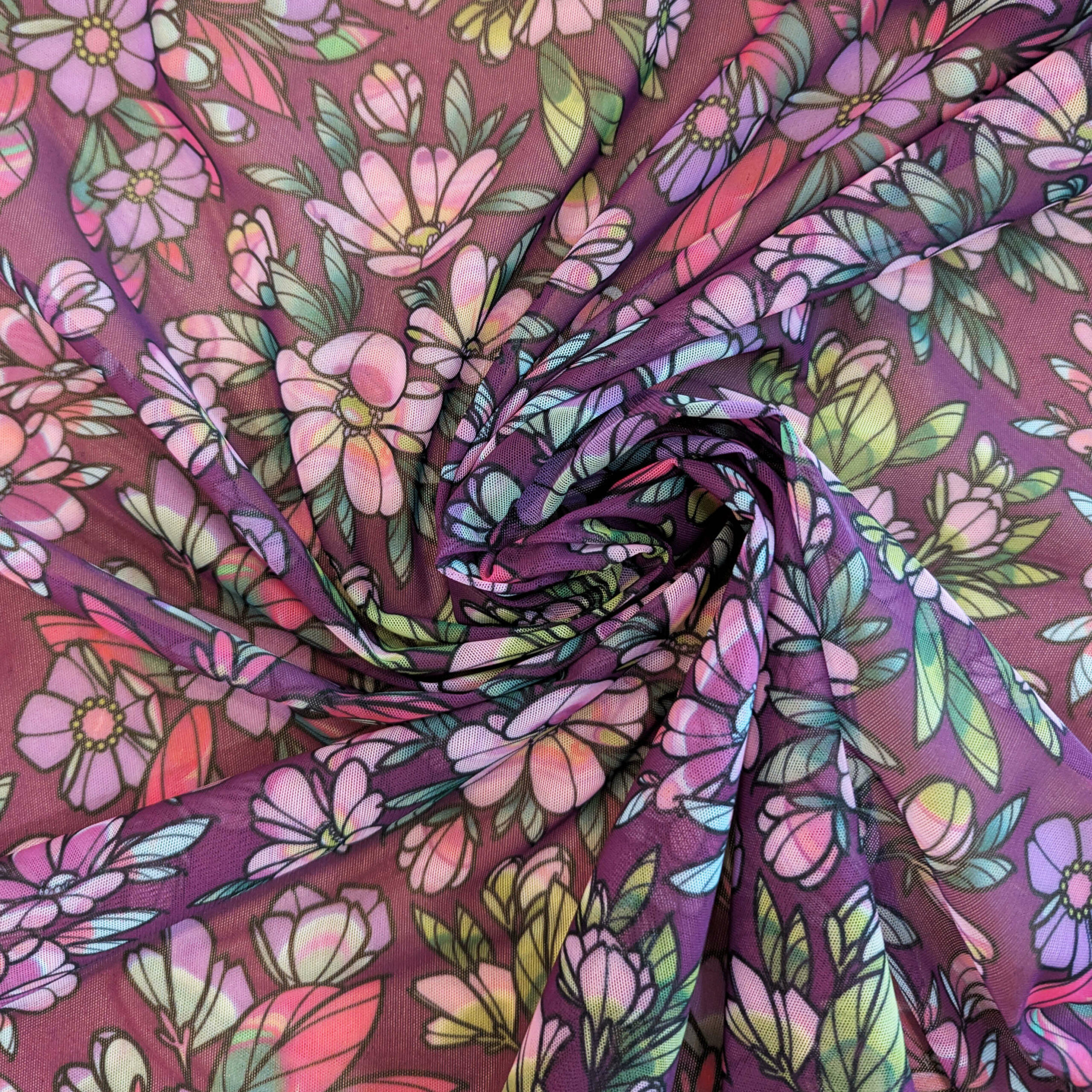 tissu mesh fleurs violet