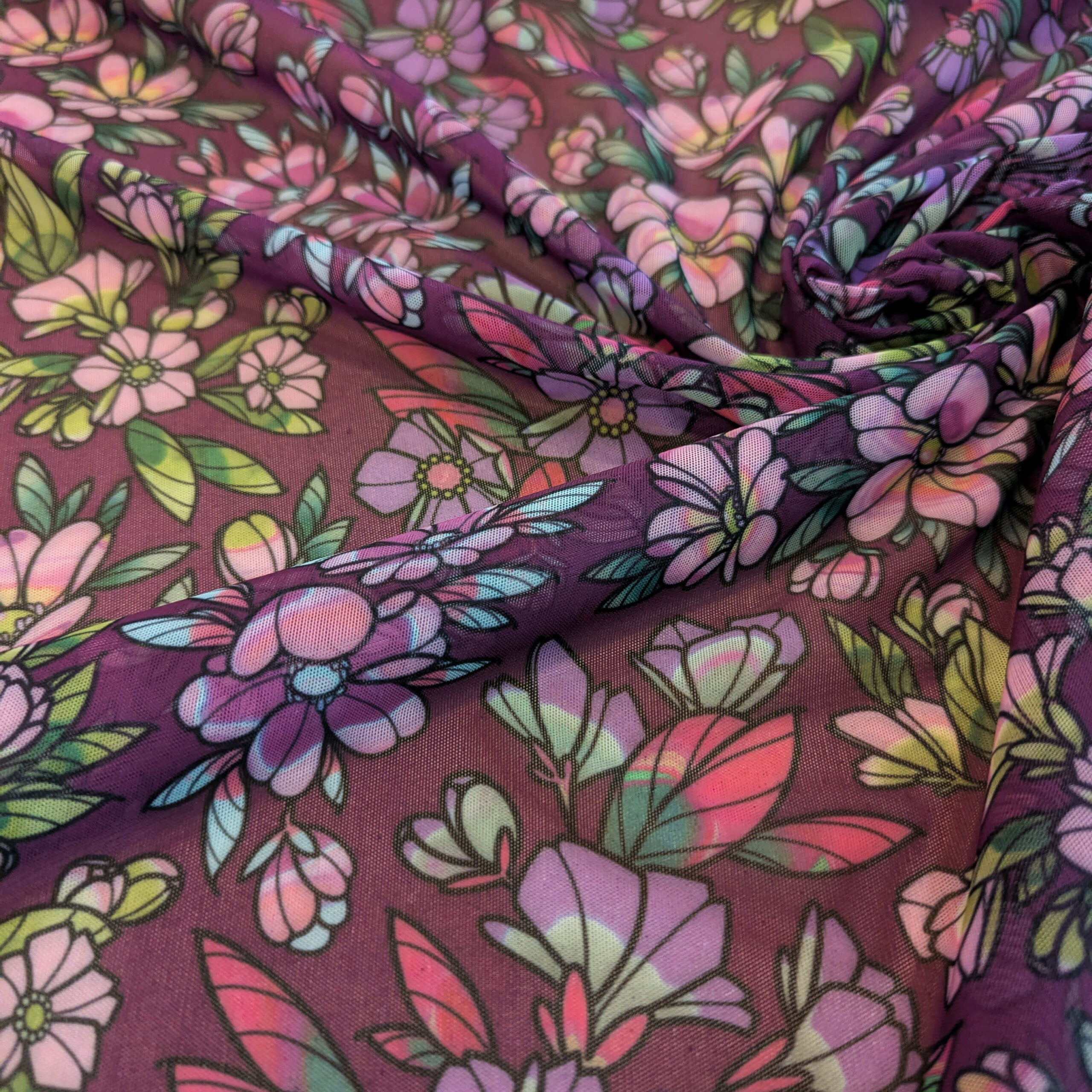 tissu mesh fleurs violet