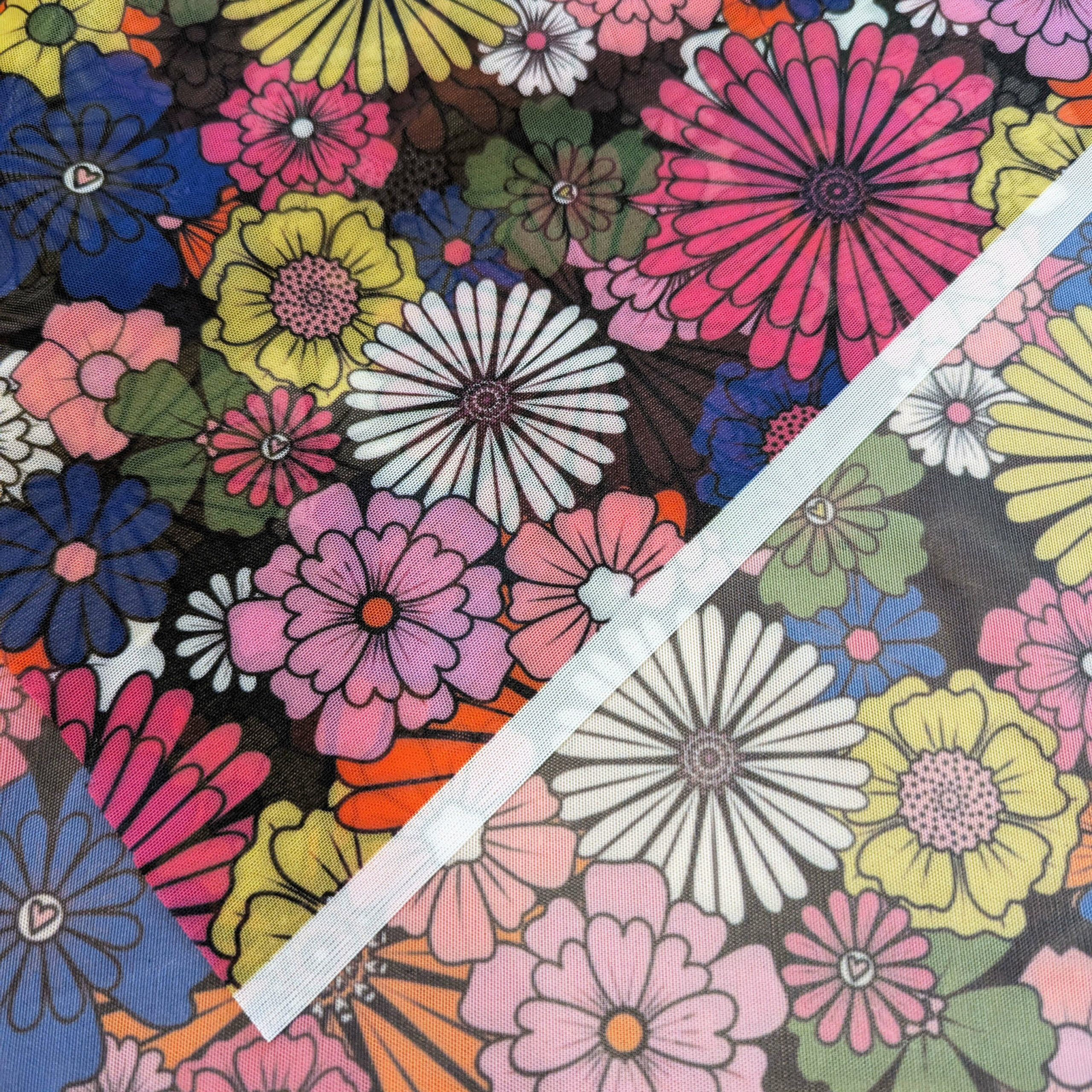 Tissu mesh transparent fleurs noir rose