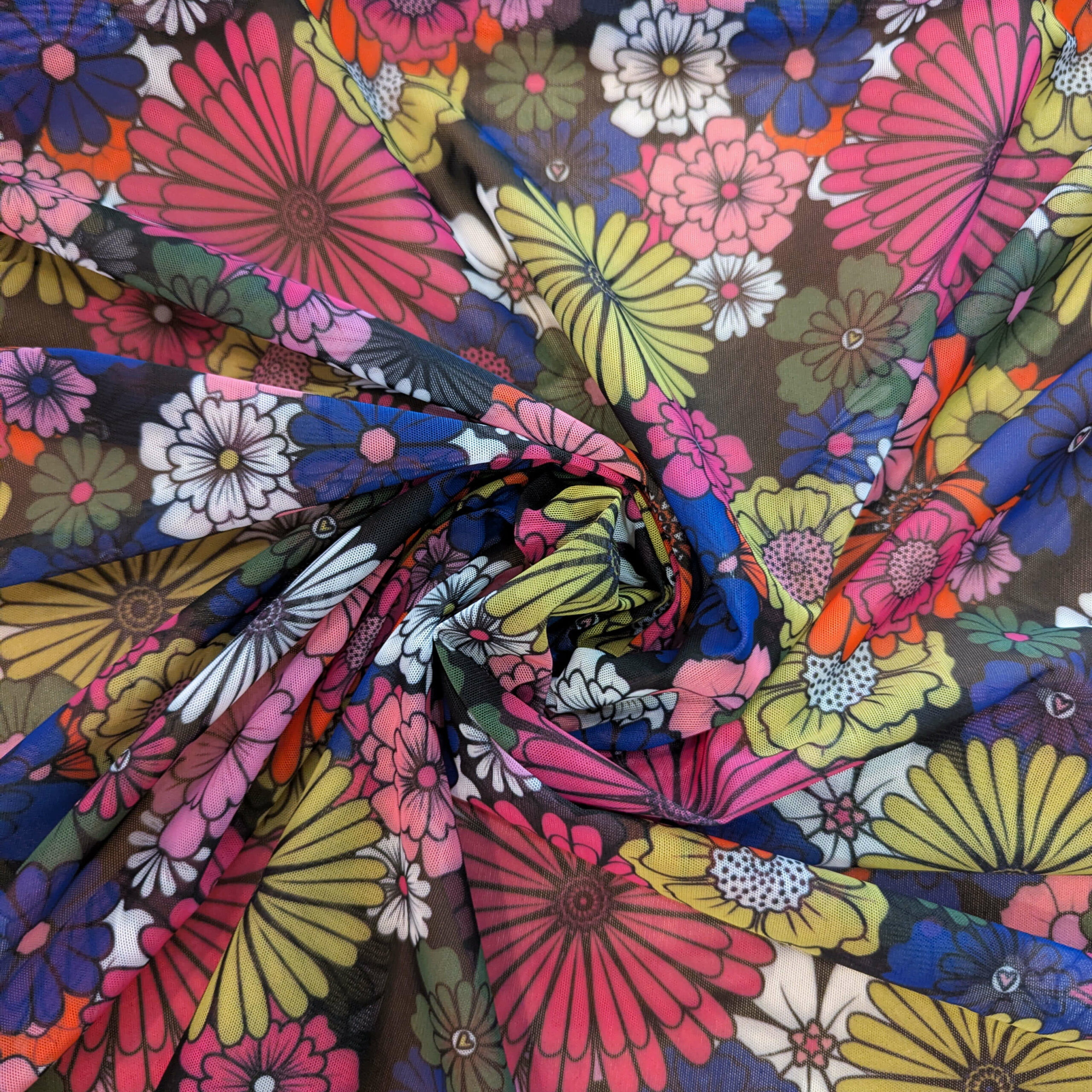 Tissu mesh rose noir fleurs