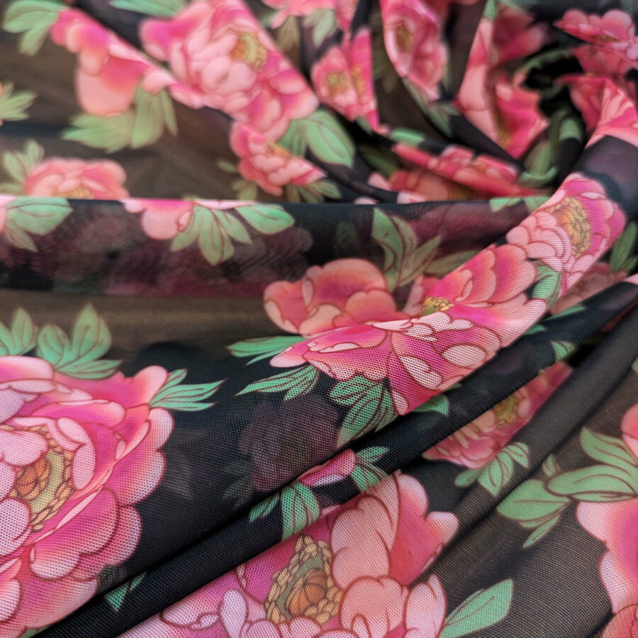 Mesh transparent noir rose fleurs